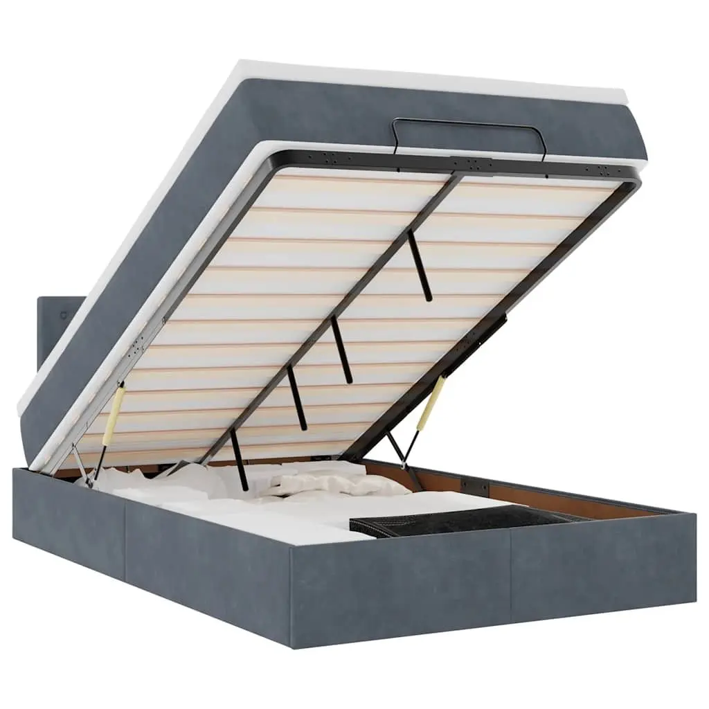 Ottoman Bed King Single Grey Velvet with Mattress and Hydraulic Lift Storage for Bedroom