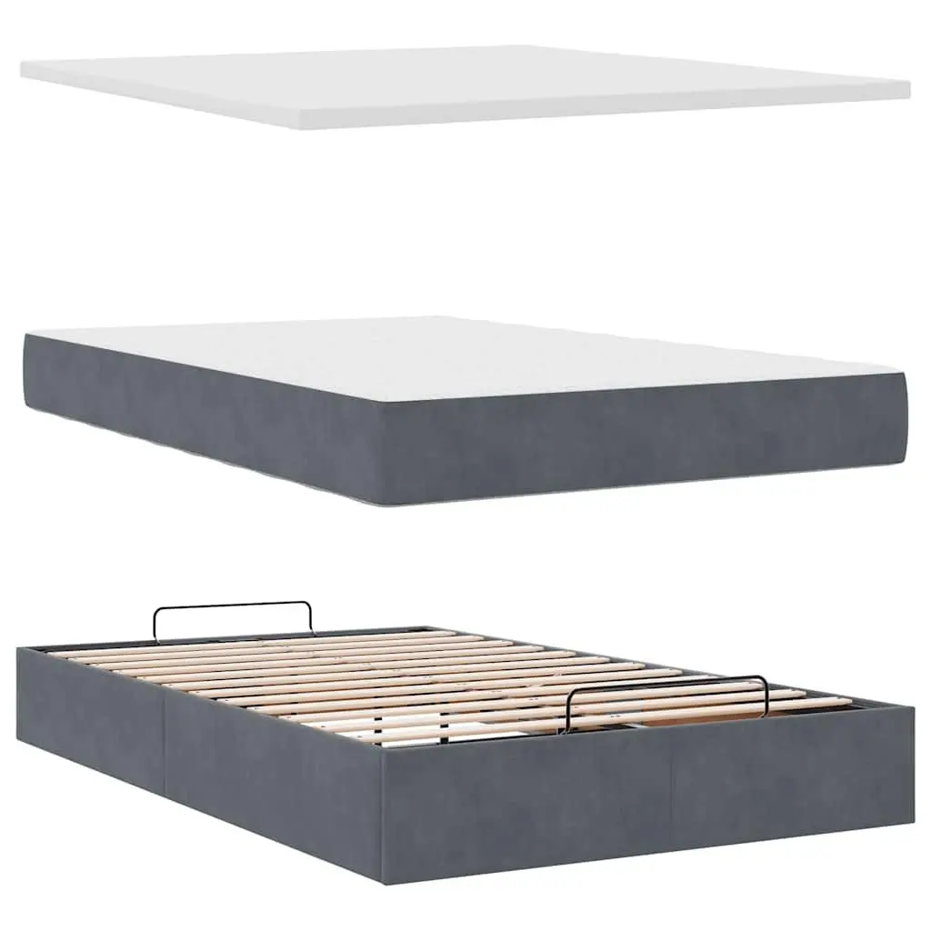 Ottoman Bed King Single Grey Velvet with Mattress and Hydraulic Lift Storage for Bedroom