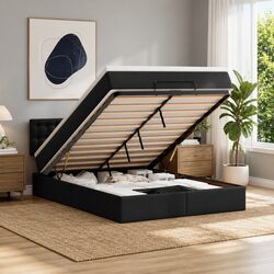 Ottoman Bed Double Black Faux Leather with Pocket Spring Mattresses and LED