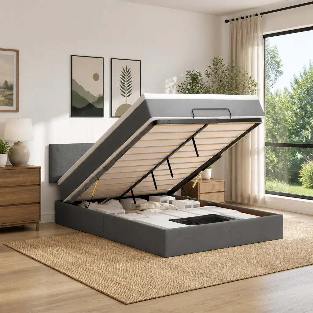 Ottoman Bed with Pocket Spring Mattress for Storage Queen Size Grey Fabric