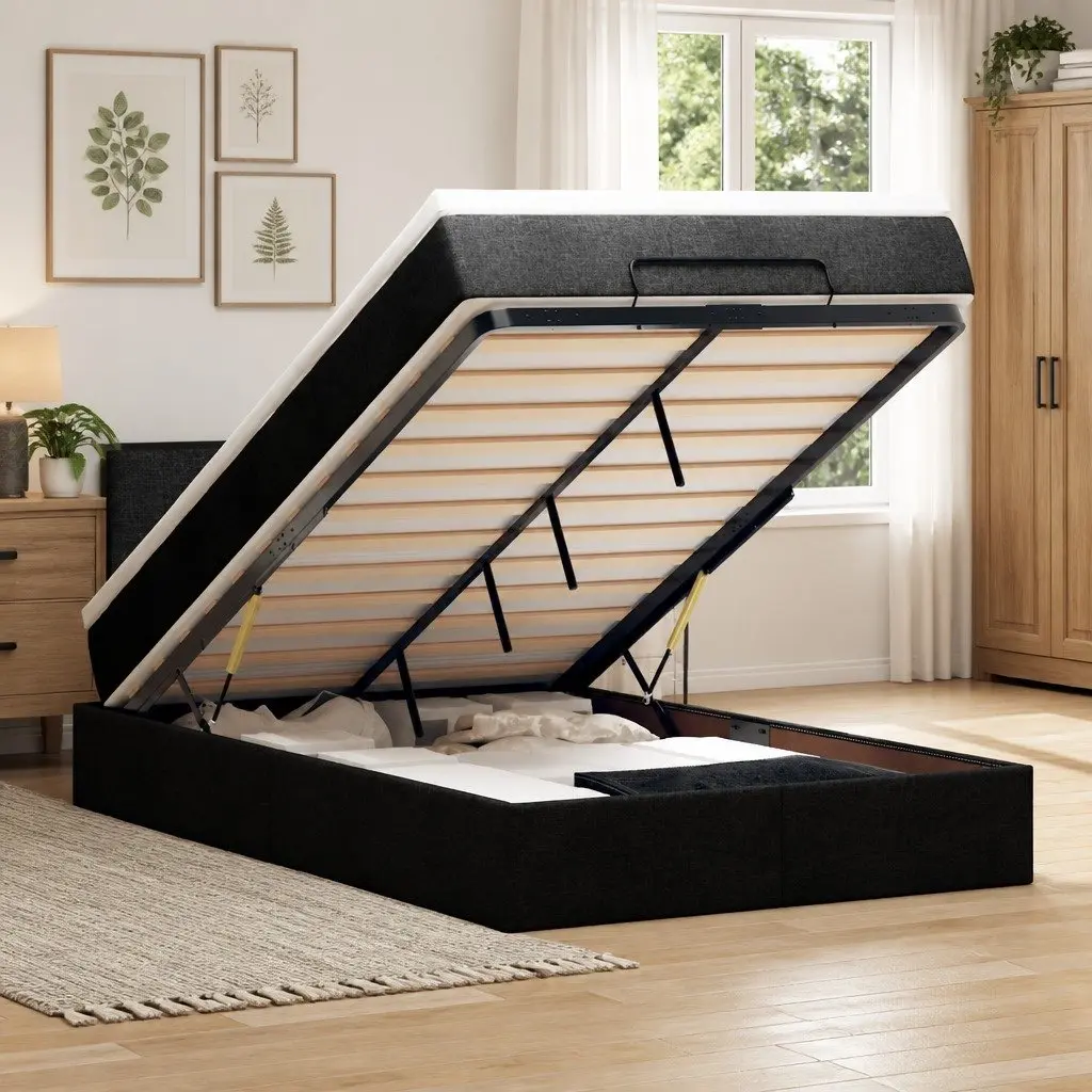 Black King Single Ottoman Bed with Pocket Spring Mattress