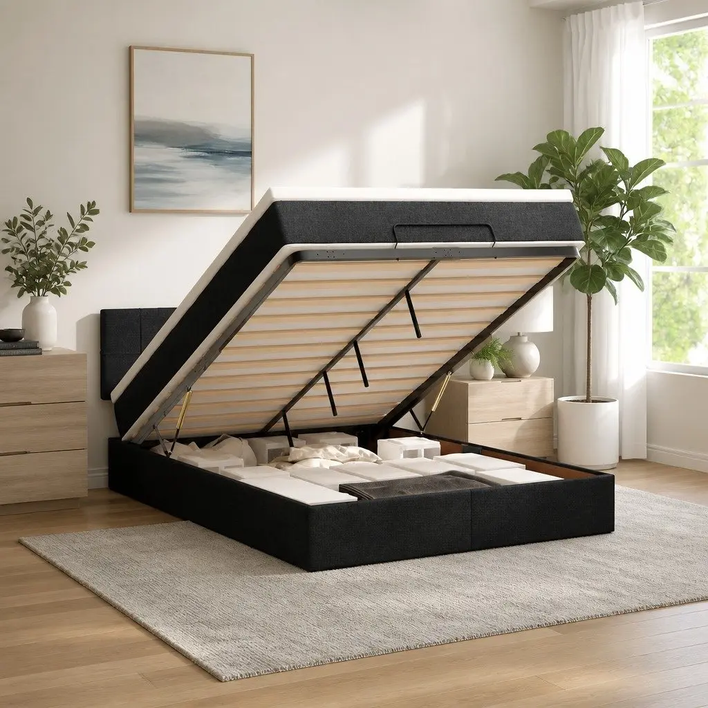 Double Ottoman Bed with Hydraulic Lift Storage Black Fabric Pocket Spring Mattress LED Lights