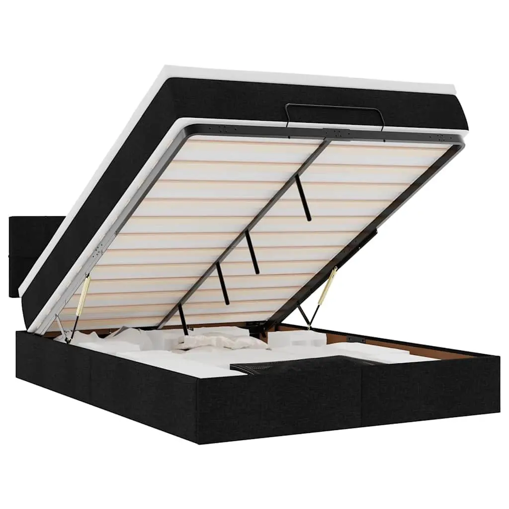 Double Ottoman Bed with Hydraulic Lift Storage Black Fabric Pocket Spring Mattress LED Lights