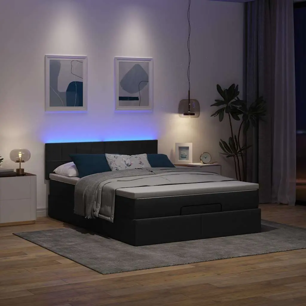 Double Ottoman Bed with Hydraulic Lift Storage Black Fabric Pocket Spring Mattress LED Lights