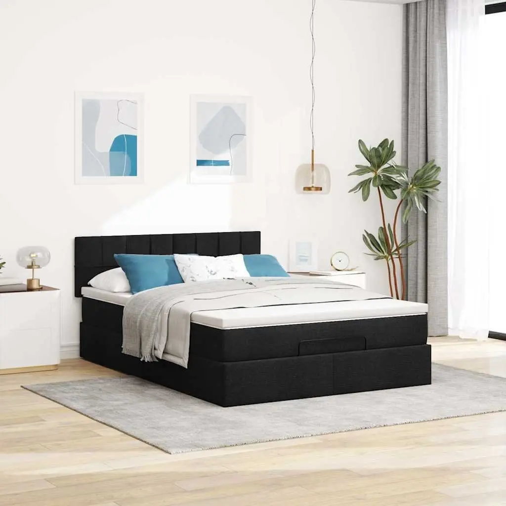 Double Ottoman Bed with Hydraulic Lift Storage Black Fabric Pocket Spring Mattress LED Lights