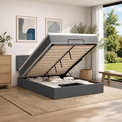 Queen Ottoman Bed with Pocket Spring Mattress LED Lights Storage Grey Fabric