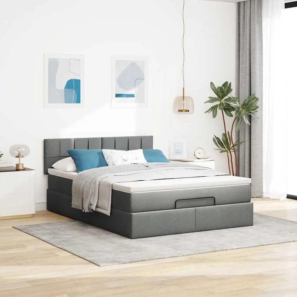 Queen Ottoman Bed with Pocket Spring Mattress LED Lights Storage Grey Fabric