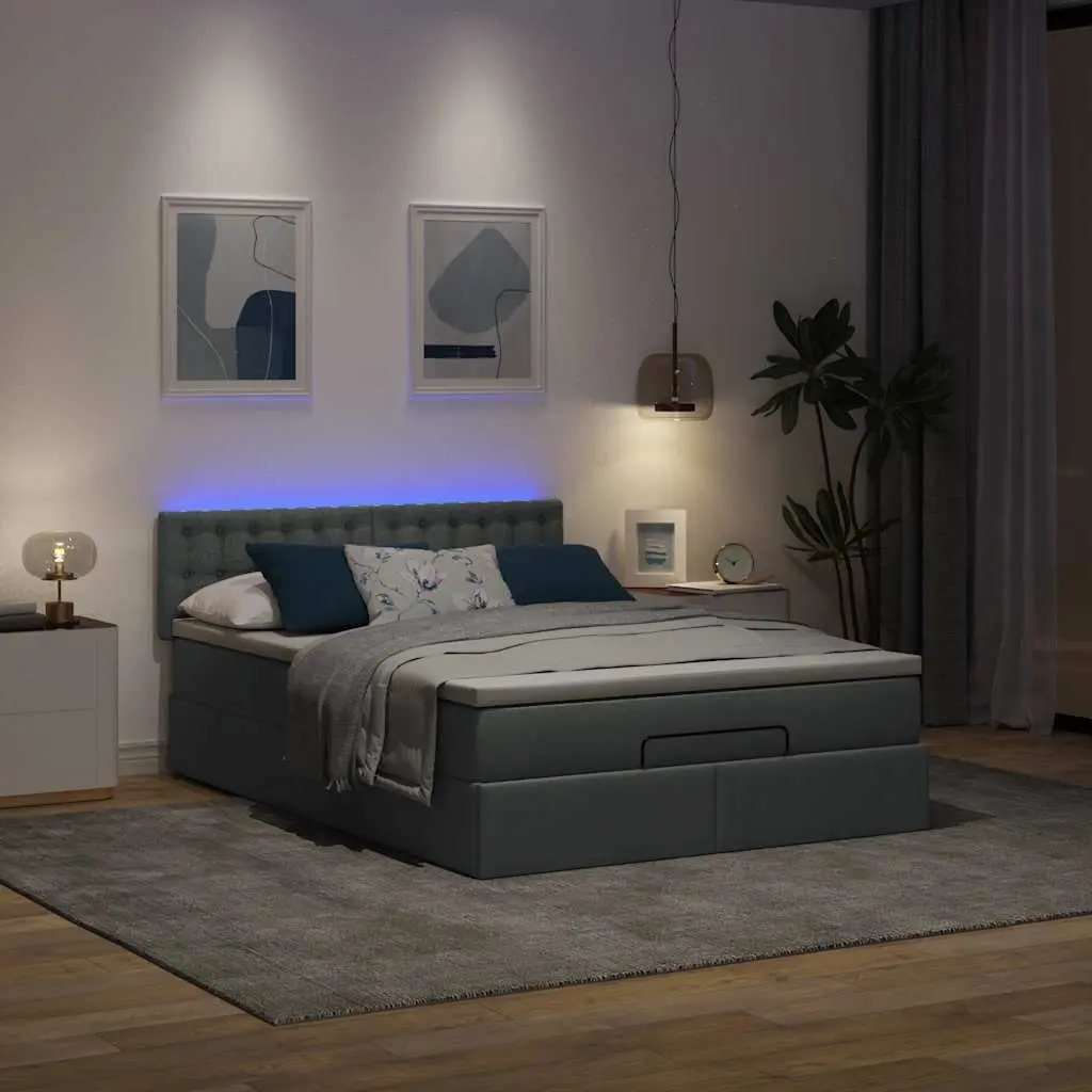 Queen Size Ottoman Bed Grey Fabric with Pocket Spring Mattress and LED Lighting