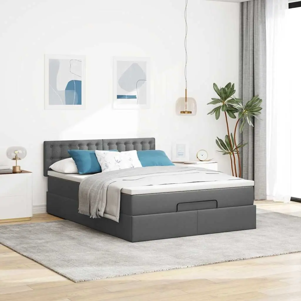 Queen Size Ottoman Bed Grey Fabric with Pocket Spring Mattress and LED Lighting