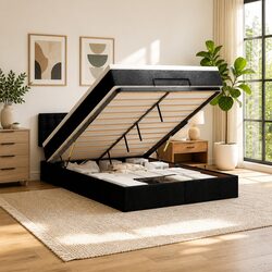 Queen Ottoman Bed with Pocket Spring Mattress LED Lights Under Bed Storage Black