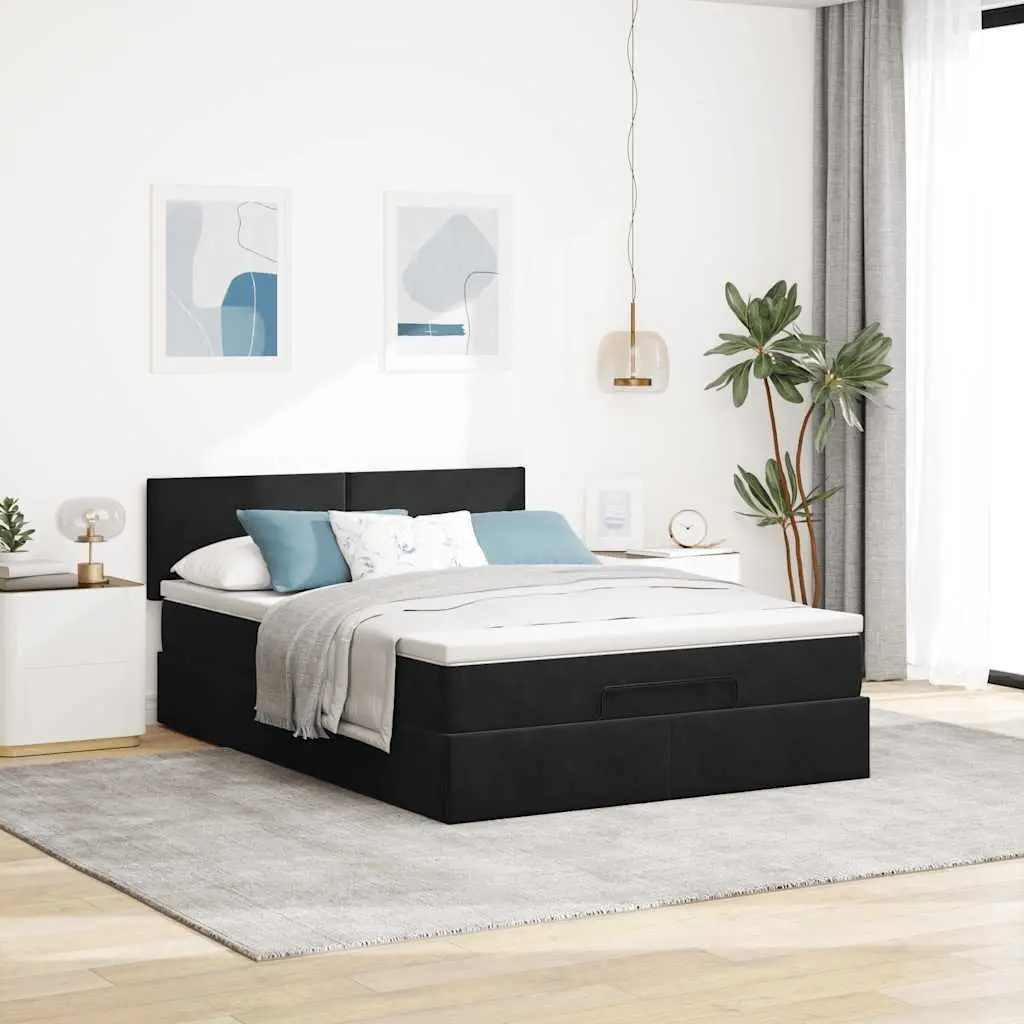 Ottoman Bed Double Velvet with Pocket Spring Mattress and LED Lights for Bedroom Storage