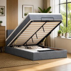 King Single Ottoman Bed: Grey Velvet, Pocket Spring Mattress