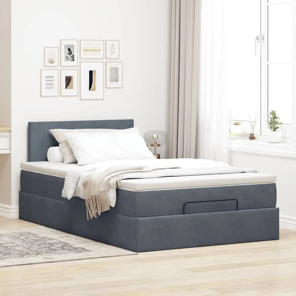 King Single Ottoman Bed with Hydraulic Lift Storage Grey Velvet Pocket Spring Mattress and LED Lighting