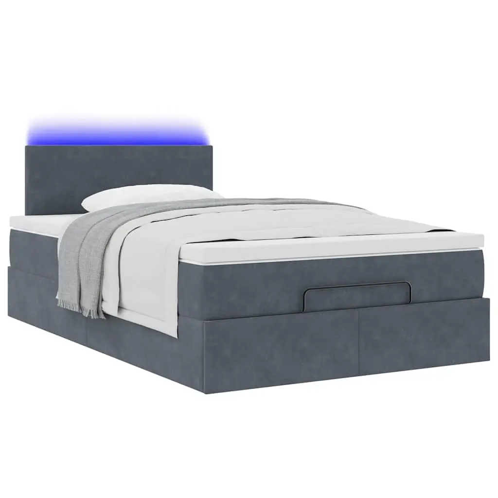 King Single Ottoman Bed with Hydraulic Lift Storage Grey Velvet Pocket Spring Mattress and LED Lighting