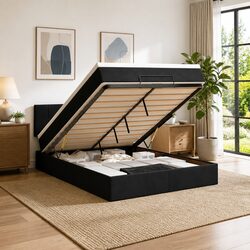 Ottoman Bed with Pocket Spring Mattress LED Lights Storage Black Double Velvet