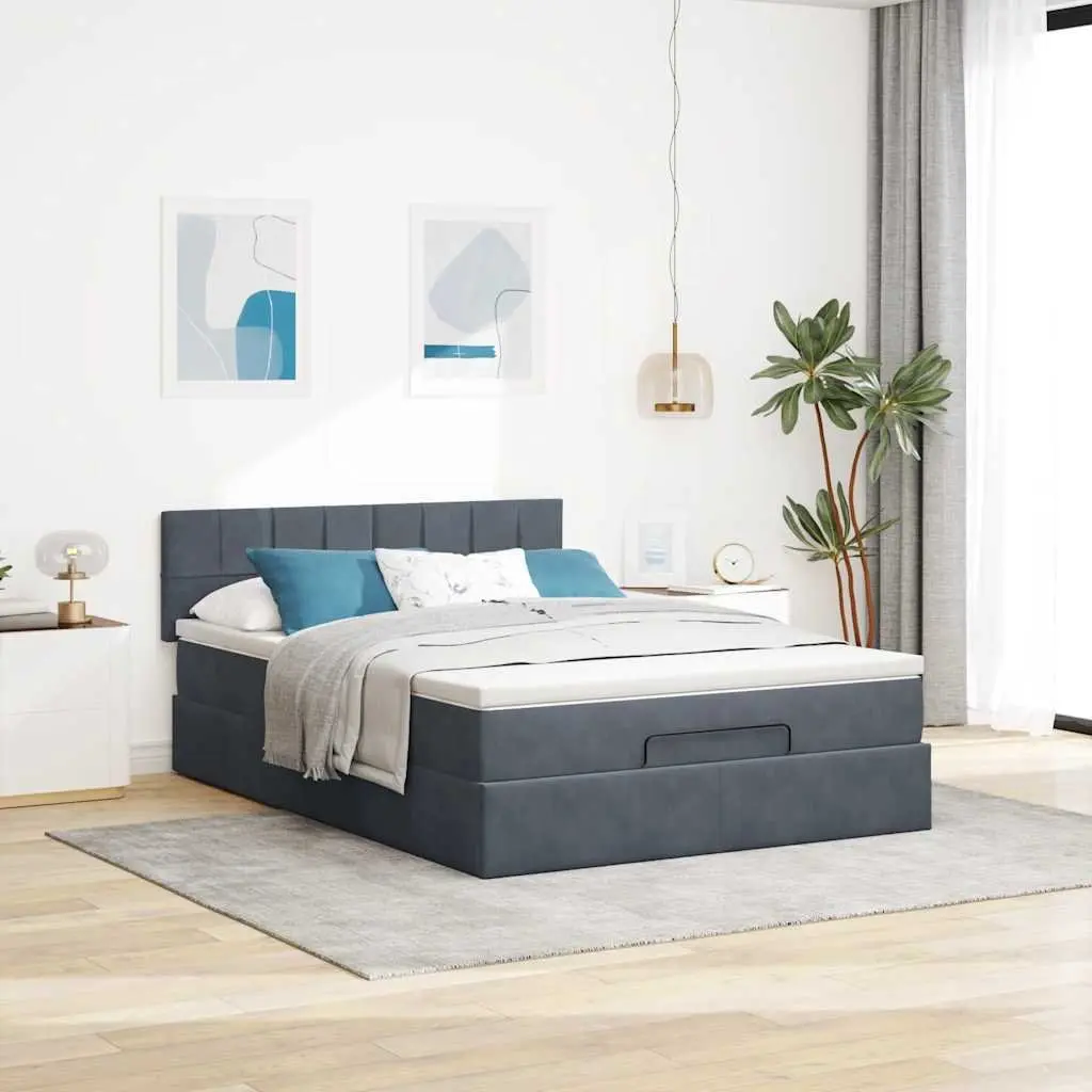 Queen Ottoman Bed with Pocket Spring Mattress LED Lights Storage Grey Velvet