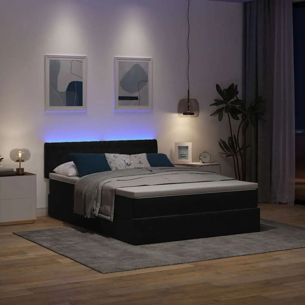 Ottoman Bed Double Black Velvet with Pocket Spring Mattress LED Lights