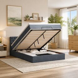 Queen Ottoman Bed with Pocket Spring Mattress in Grey Velvet