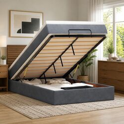 Ottoman Bed King Single Grey Velvet with Pocket Spring Mattress Storage LED