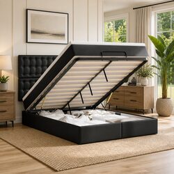 Double Ottoman Bed Frame with Pocket Spring Mattress Black Faux Leather Storage