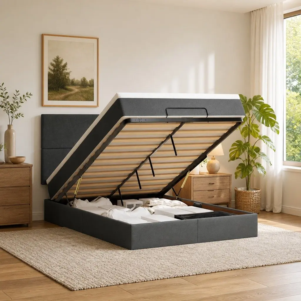 Queen Size Grey Upholstered Ottoman Bed Frame with Pocket Spring Mattress and Hydraulic Lift Storage