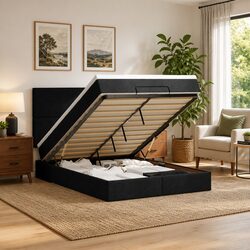 Ottoman Bed Queen Size: Black Fabric with Storage