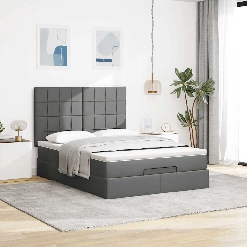 Ottoman Bed with Mattress for Bedroom Queen Size Grey Fabric Storage Lift Slat Base