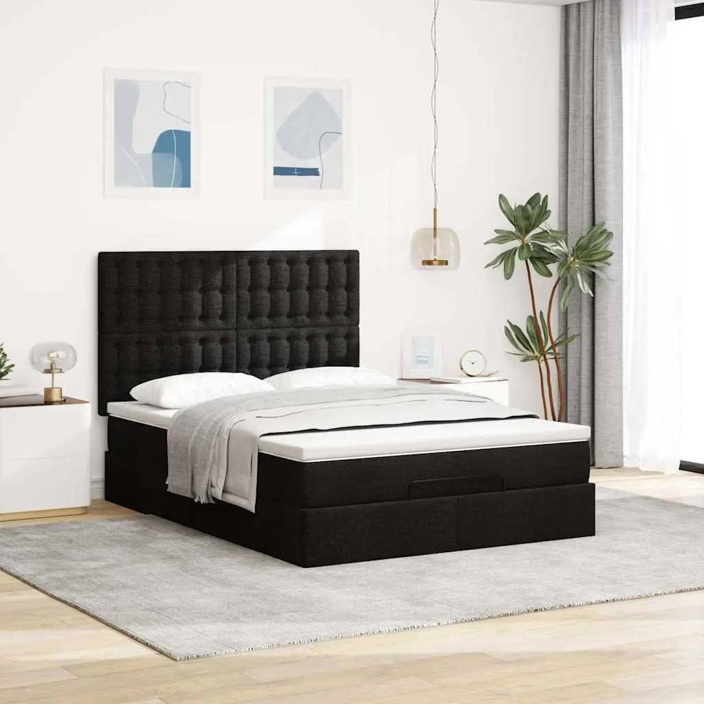 Double Ottoman Bed Black Fabric with Pocket Spring Mattress for Bedroom