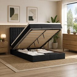 Queen Ottoman Bed Dimensions: Hydraulic Lift Black Fabric