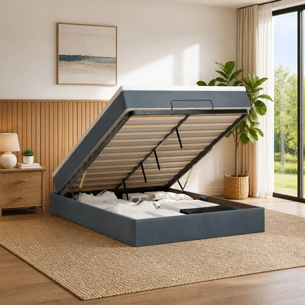 Queen Storage Bed with Velvet Upholstery Pocket Spring Mattress and Hydraulic Lift Storage