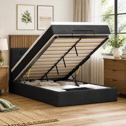 King Single Ottoman Bed with Pocket Spring Mattress - Black