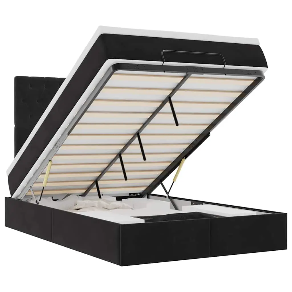 Ottoman Bed King Single Black Velvet with Pocket Spring Mattress and Hydraulic Lift Storage