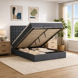 Double Grey Velvet Ottoman Bed with Pocket Spring Mattress