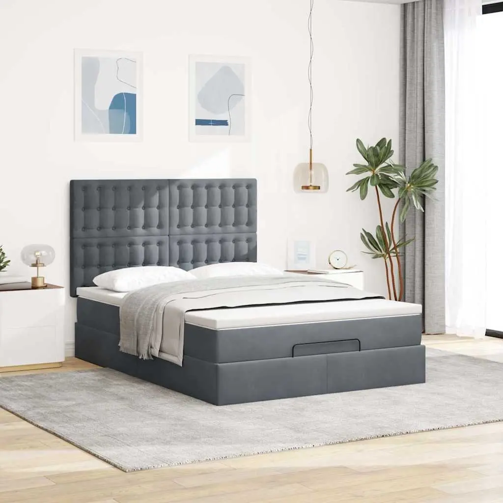 Ottoman Bed Double Grey Velvet with Mattresses