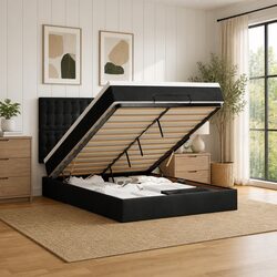 Queen Ottoman Bed with Pocket Spring Mattress - Black Velvet