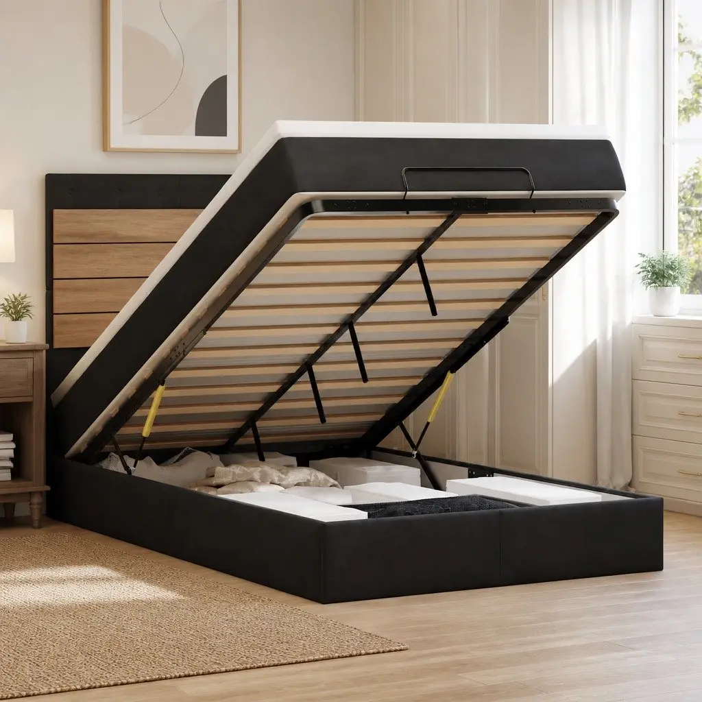Ottoman Bed King Single Black Velvet with Pocket Spring Mattress and Storage Lift
