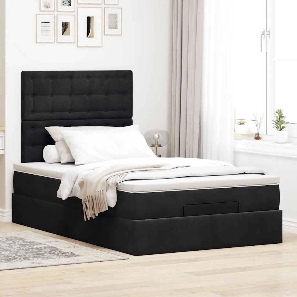 Ottoman Bed King Single Black Velvet with Pocket Spring Mattress and Storage Lift