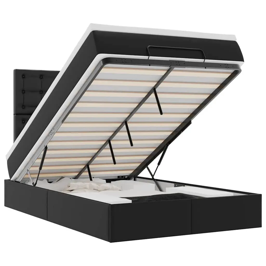 Ottoman Bed King Single with Pocket Spring Mattress LED Lights Black Faux
