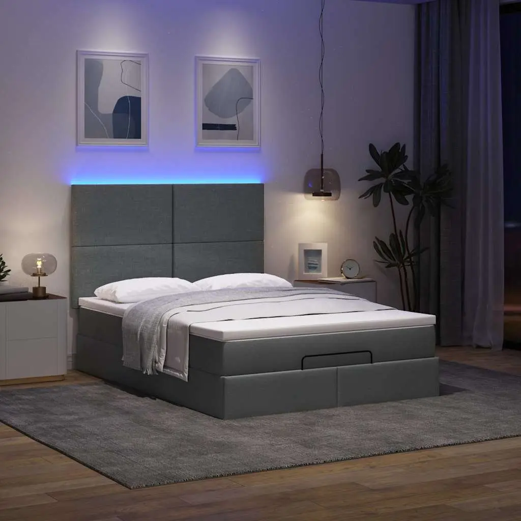 Ottoman Bed with Pocket Spring Mattress LED Lights Storage Grey Queen