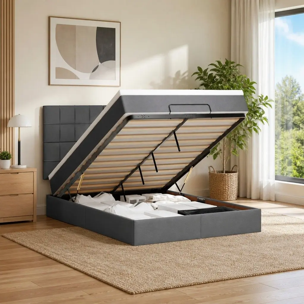 Ottoman Storage Bed Queen Mattress LED Lights Upholstered Grey Fabric Frame
