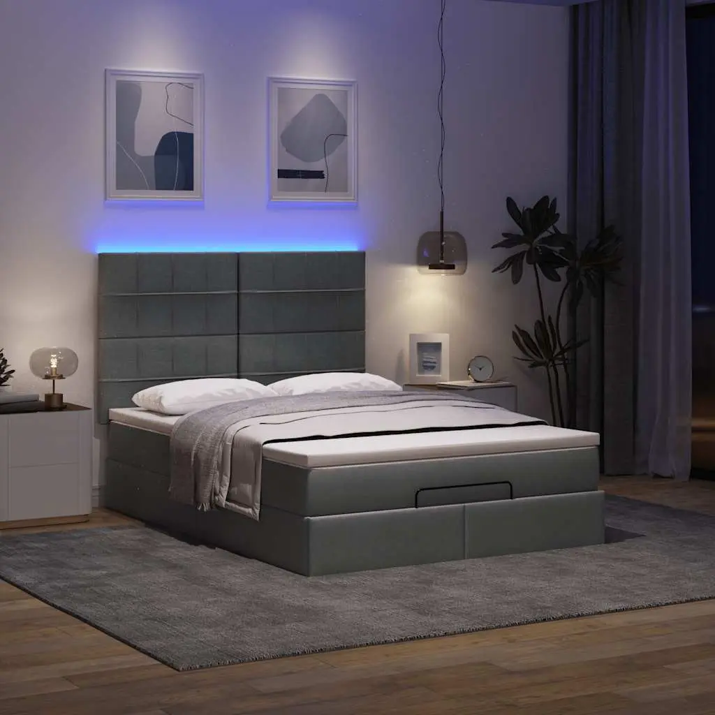 Ottoman Storage Bed Queen Mattress LED Lights Upholstered Grey Fabric Frame