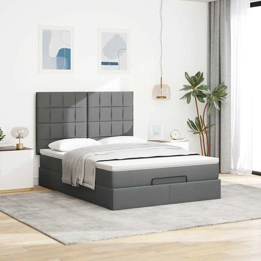 Ottoman Storage Bed Queen Mattress LED Lights Upholstered Grey Fabric Frame