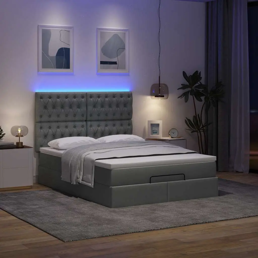Ottoman Bed with Pocket Spring Mattress LED Lights Storage Queen Grey Fabric