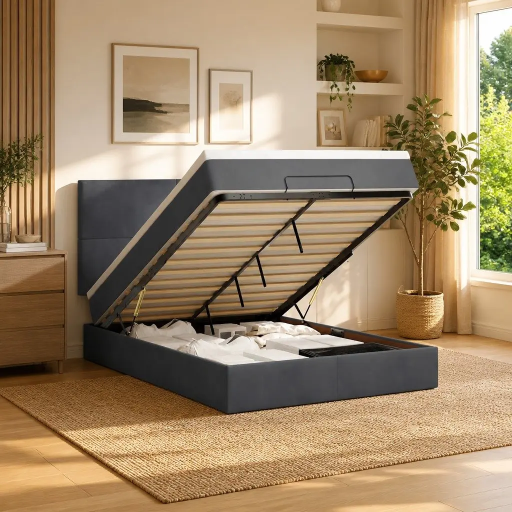 Double Ottoman Bed for Bedroom with Pocket Spring Mattresses and LED Lights Grey Velvet