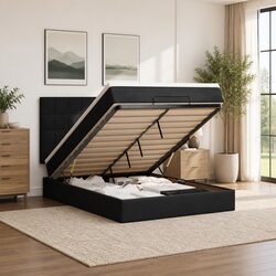 Double Ottoman Bed with Pocket Spring Mattresses LED Lights Storage Black Velvet
