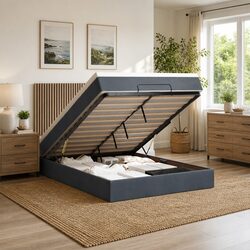 Queen Grey Velvet Ottoman Bed with Pocket Spring Mattress