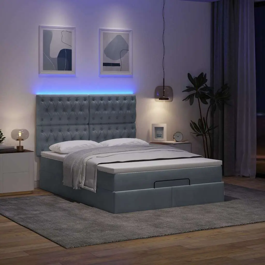 Queen Grey Velvet Ottoman Bed with Pocket Spring Mattress