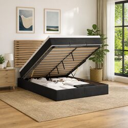 Black Velvet Queen Ottoman Bed with Pocket Spring Mattress