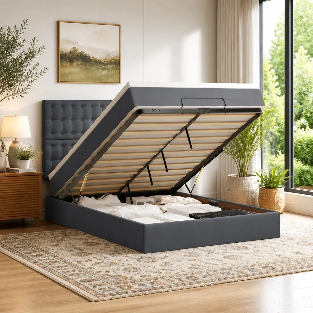 Ottoman Bed Double Velvet Grey with Pocket Spring Mattress and LED Lights