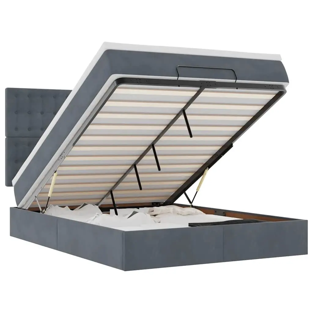Ottoman Bed Double Velvet Grey with Pocket Spring Mattress and LED Lights